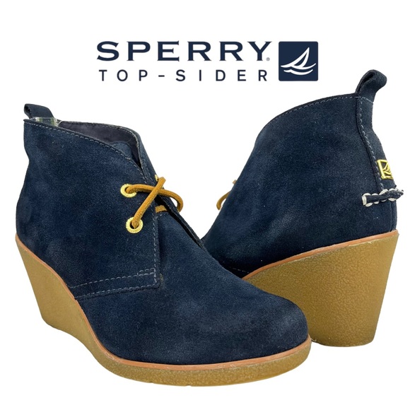 Sperry Top-Sider | Harlow Burnished Blue Suede Leather Chukka Wedge‎ Bootie | 6M - Picture 1 of 12